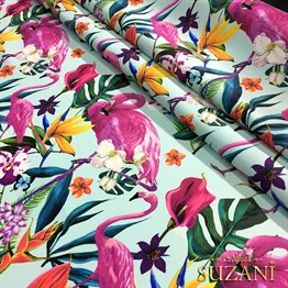 Mavi Zemin Tropikal Orman Desenli Kumaş