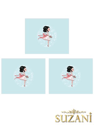 Mavi Zeminli Sevimli Elbiseli Kız Desenli 3lü Beslenme Örtüsü, Amerikan Servisi Kumaşı