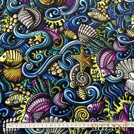 Midyeler ve Balıklar Desenli Kumaş