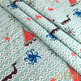 Mint Dalga Desenli Dijital Baskılı Kumaş