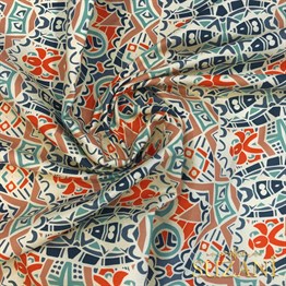 Mint-Turuncu Etnik Desenli Dijital Baskılı Kumaş