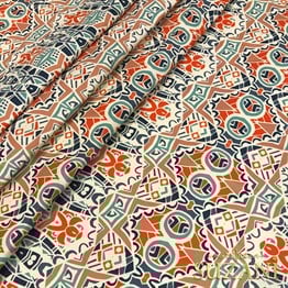 Mint-Turuncu Etnik Desenli Dijital Baskılı Kumaş