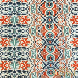 Mint-Turuncu Etnik Desenli Dijital Baskılı Kumaş