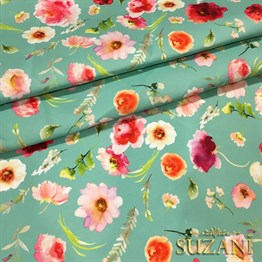 Mint Zemin Bordo Güller Desenli Kumaş