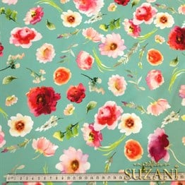 Mint Zemin Bordo Güller Desenli Kumaş