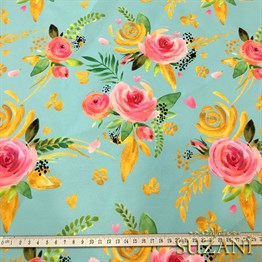 Mint Zemin Pembe Güller Desenli Kumaş