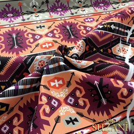 Mor Turuncu Etnik Kilim Desenli Kumaş