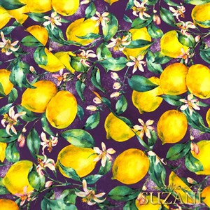 Mor Zeminli Limon Dijital Baskılı Kumaş