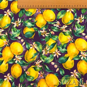 Mor Zeminli Limon Dijital Baskılı Kumaş