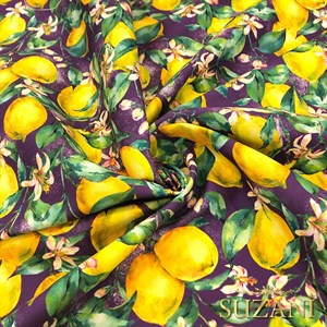Mor Zeminli Limon Dijital Baskılı Kumaş