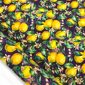 Mor Zeminli Limon Dijital Baskılı Kumaş