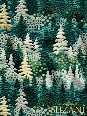 Nakış Efektli Çam Ağacı Desenli Dijital Baskılı Kumaş