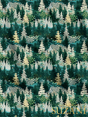 Nakış Efektli Çam Ağacı Desenli Dijital Baskılı Kumaş