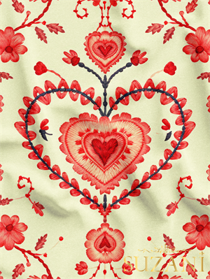 Nakış Efektli Kalp Desenli Dijital Baskılı Kumaş