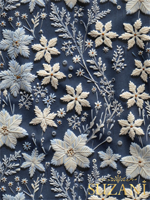 Nakış Efektli Kar Tanesi Desenli Dijital Baskılı Kumaş