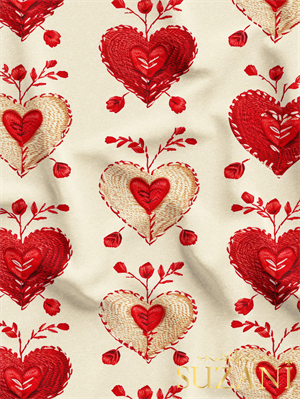 Nakış Efektli Kırmızı Kalp Desenli Dijital Baskılı Kumaş