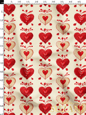 Nakış Efektli Kırmızı Kalp Desenli Dijital Baskılı Kumaş