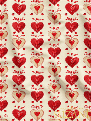 Nakış Efektli Kırmızı Kalp Desenli Dijital Baskılı Kumaş