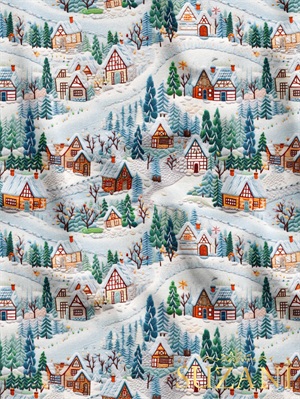 Nakış Efektli Kış Evleri Desenli Dijital Baskılı Kumaş