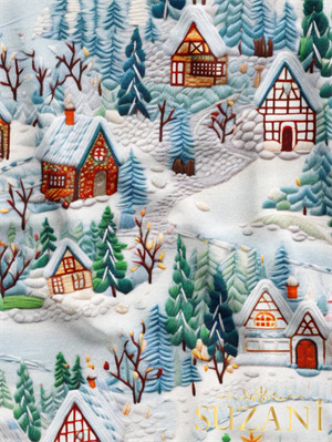 Nakış Efektli Kış Evleri Desenli Dijital Baskılı Kumaş