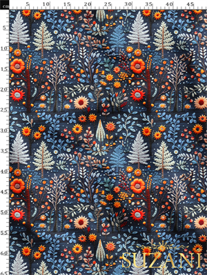 Nakış Efektli Çiçek Desenli Dijital Baskılı Kumaş