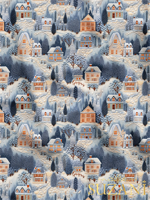 Nakış Efektli Kış Evleri Desenli Dijital Baskılı Kumaş