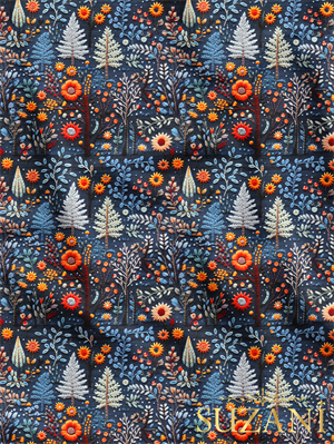 Nakış Efektli Çiçek Desenli Dijital Baskılı Kumaş