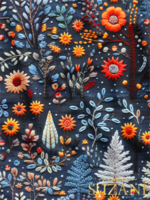 Nakış Efektli Çiçek Desenli Dijital Baskılı Kumaş