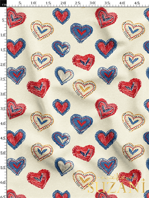 Nakış Efektli Renkli Kalp Desenli Dijital Baskılı Kumaş