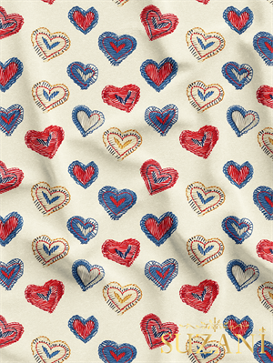 Nakış Efektli Renkli Kalp Desenli Dijital Baskılı Kumaş