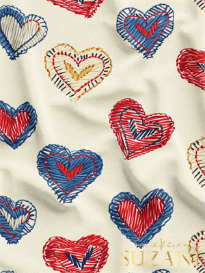 Nakış Efektli Renkli Kalp Desenli Dijital Baskılı Kumaş