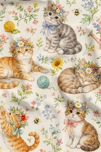 Neşeli Kediler Desenli Dijital Baskılı Kumaş