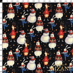 Neşeli Yılbaşı Hayvanları Desenli Dijital Baskılı Kumaş