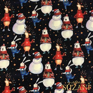 Neşeli Yılbaşı Hayvanları Desenli Dijital Baskılı Kumaş