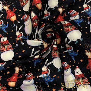 Neşeli Yılbaşı Hayvanları Desenli Dijital Baskılı Kumaş