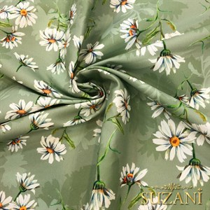 Pastel Yeşil Papatya Desenli Dijital Baskılı Kumaş
