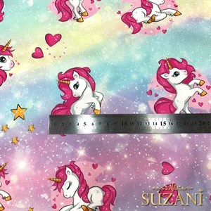 Pembe Unicorn Desenli Dijital Baskılı Kumaş