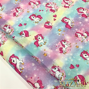 Pembe Unicorn Desenli Dijital Baskılı Kumaş