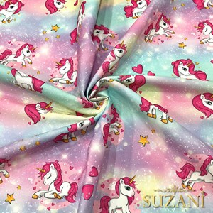 Pembe Unicorn Desenli Dijital Baskılı Kumaş