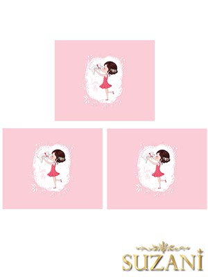 Pembe Zeminli Sevimli Dostluk Desenli 3lü Beslenme Örtüsü, Amerikan Servisi Kumaşı