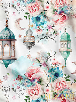 Ramazan Temalı Çiçekli Lambalar Desenli Dijital Baskılı Kumaş