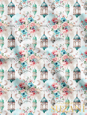 Ramazan Temalı Çiçekli Lambalar Desenli Dijital Baskılı Kumaş