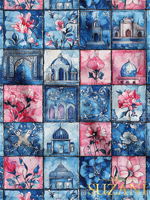 Ramazan Temalı Pembe Çiçekli Patchwork Desenli Dijital Baskılı Kumaş