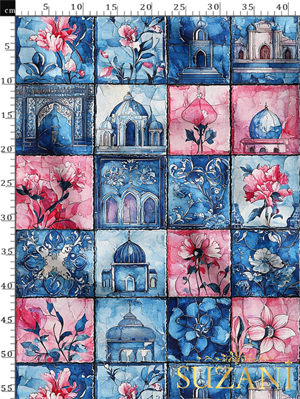 Ramazan Temalı Pembe Çiçekli Patchwork Desenli Dijital Baskılı Kumaş