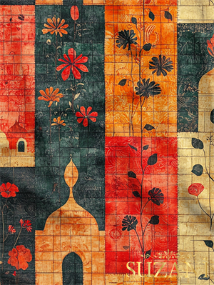 Ramazan Temalı Renkli Çiçekli Patchwork Desenli Dijital Baskılı Kumaş