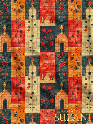 Ramazan Temalı Renkli Çiçekli Patchwork Desenli Dijital Baskılı Kumaş