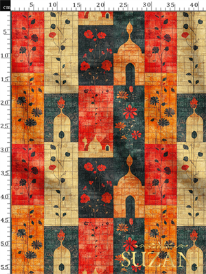 Ramazan Temalı Renkli Çiçekli Patchwork Desenli Dijital Baskılı Kumaş