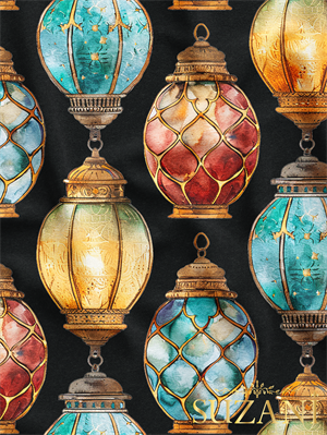 Ramazan Temalı Siyah Zemin Lamba Desenli Dijital Baskılı Kumaş