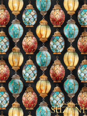 Ramazan Temalı Siyah Zemin Lamba Desenli Dijital Baskılı Kumaş