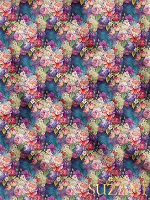 Renkli Çiçek Aranjman Desenli Dijital Baskılı Kumaş